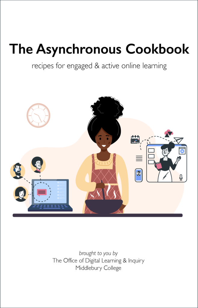 cover of The Asychronous Cookbook showing a female chef surrounded by online learning icons and students